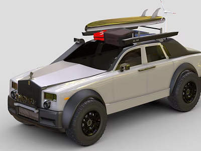 Silver Off Road Style Car with Surfboard Red Light on Roof and Front Grille Design 3d model