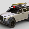 Silver Off Road Style Car with Surfboard Red Light on Roof and Front Grille Design