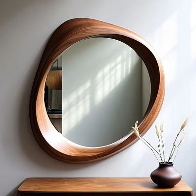 Irregular Shaped Wooden Frame Mirror Wall Mounted With Vase And Plants Reflecting Window Light 3d model