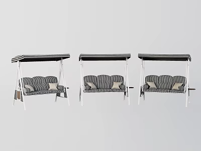 Three Outdoor Swing Chairs with Black Canopy White Frame Striped Cushions and Pillows 3d model