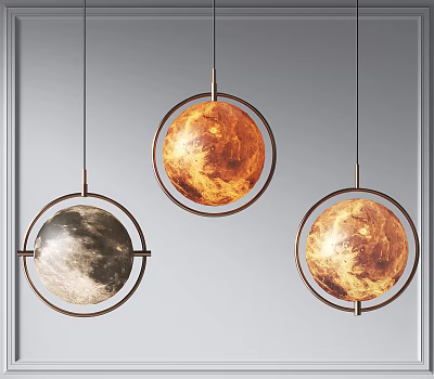 Modern Three Spherical Planet Inspired Pendant Lights With Metal Frame Design 3d model