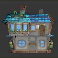 Colorful Cartoon House Scene With Blue Roof Balcony Plants And Wooden Door