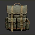 Olive Green Canvas Backpack With Multiple Pockets And Brown Straps For Daily Use 3d model