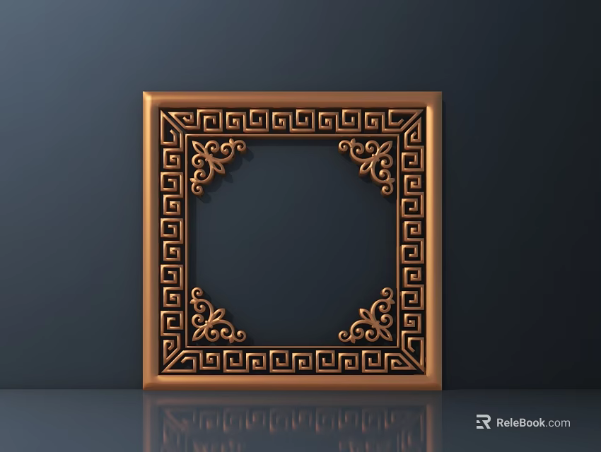 Golden Carved Frame With Intricate Geometric Patterns And Corner Decorations On Dark Background 3d model 