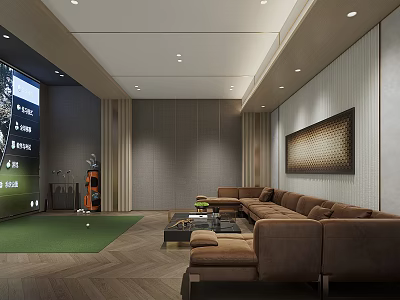 Indoor Golf Fitness Training Room With Large Screen Green Turf And Comfortable Sofa Area 3d model