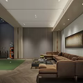 Indoor Golf Fitness Training Room With Large Screen Green Turf And Comfortable Sofa Area
