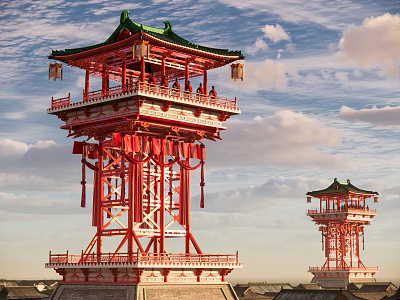 Traditional Chinese Ancient Architecture Red Multi Layered Tower With Green Roof And Hanging Lanterns 3d model
