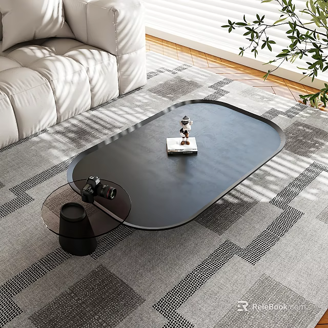 Black Oval Coffee Table In Modern Living Room With Sunlight Light Shadows Sofa And Rug 3d model 
