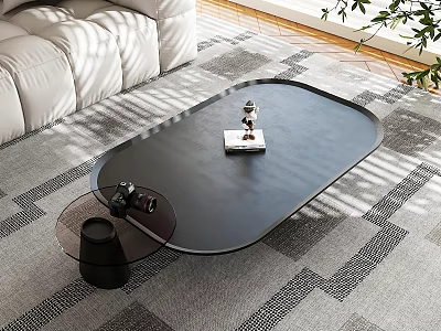Black Oval Coffee Table In Modern Living Room With Sunlight Light Shadows Sofa And Rug 3d model