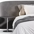 Modern Double Bed With Gray Headboard Soft Pillows Cozy Blanket And Round Bedside Table 3d model