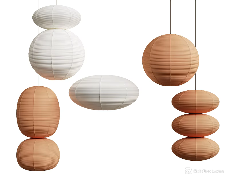 Modern Decorative Chandeliers with White and Orange Round Paper Lantern Stacked Design for Home Interior 3d model 