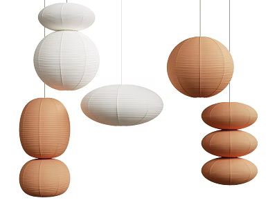 Modern Decorative Chandeliers with White and Orange Round Paper Lantern Stacked Design for Home Interior 3d model