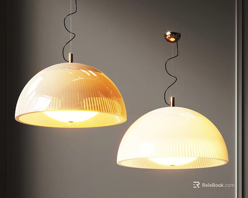 Two Modern Ribbed Light Colored Pendant Lights Illuminated On Grey Wall 3d model 