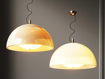 Two Modern Ribbed Light Colored Pendant Lights Illuminated On Grey Wall 3d model