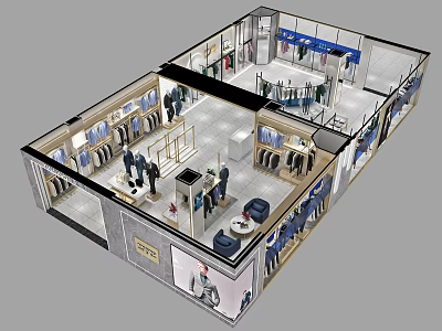 Spacious Clothing Store Interior With Well Arranged Clothing Racks And Display Shelves 3d model