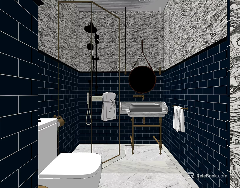 Hotel Bathroom With Dark Blue Brick Walls Marble Accents Modern Vanity And Hanging Mirror 3d model 