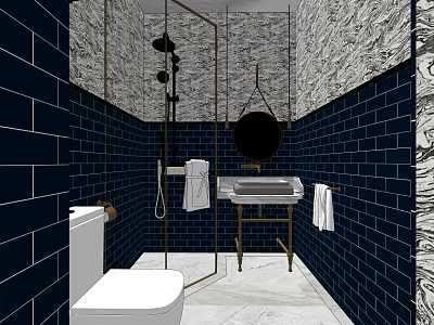 Hotel Bathroom With Dark Blue Brick Walls Marble Accents Modern Vanity And Hanging Mirror 3d model