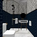 Hotel Bathroom With Dark Blue Brick Walls Marble Accents Modern Vanity And Hanging Mirror