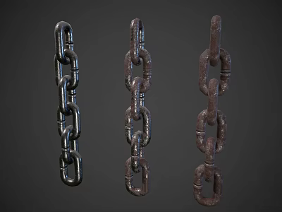 Three Metal Chains with Different Rust Levels on Dark Background 3d model