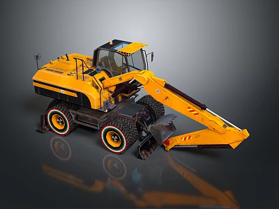 Yellow Wheeled Excavator with Large Arm and Heavy Duty Wheels for Construction Work 3d model