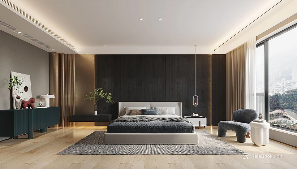 Modern Bedroom Interior With King Size Bed Dark Wooden Wall And Area Rug 3d model 