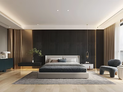 Modern Bedroom Interior With King Size Bed Dark Wooden Wall And Area Rug 3d model