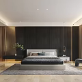 Modern Bedroom Interior With King Size Bed Dark Wooden Wall And Area Rug