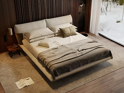 Double Bed with Gray Beige Bedding Wooden Wall Bedside Table Lamp and Snow View 3d model