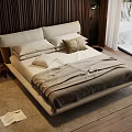 Double Bed with Gray Beige Bedding Wooden Wall Bedside Table Lamp and Snow View