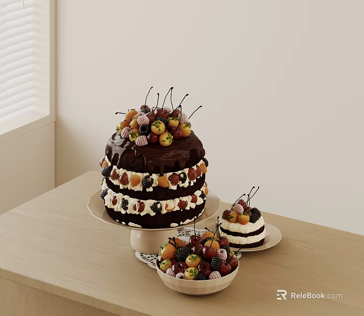 Fruit Topped Chocolate Cakes And Berry Bowl On Light Wood Table 3d model 