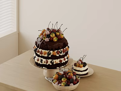 Fruit Topped Chocolate Cakes And Berry Bowl On Light Wood Table 3d model