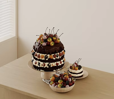Fruit Topped Chocolate Cakes And Berry Bowl On Light Wood Table 3d model Fruit Topped Chocolate Cakes And Berry Bowl On Light Wood Table 3d model