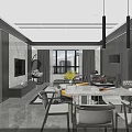 Modern Dining and Living Room Interior With Large Windows Hanging Lights Sofa And Dining Table