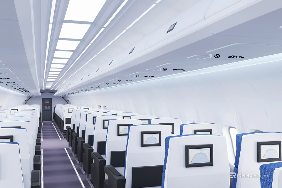 Modern Spacious Airplane Cabin Interior With White Seats Seatback Screens And Overhead Lighting 3d model 