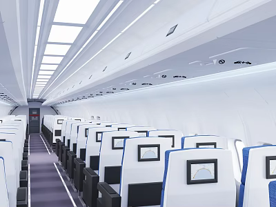 Modern Spacious Airplane Cabin Interior With White Seats Seatback Screens And Overhead Lighting 3d model