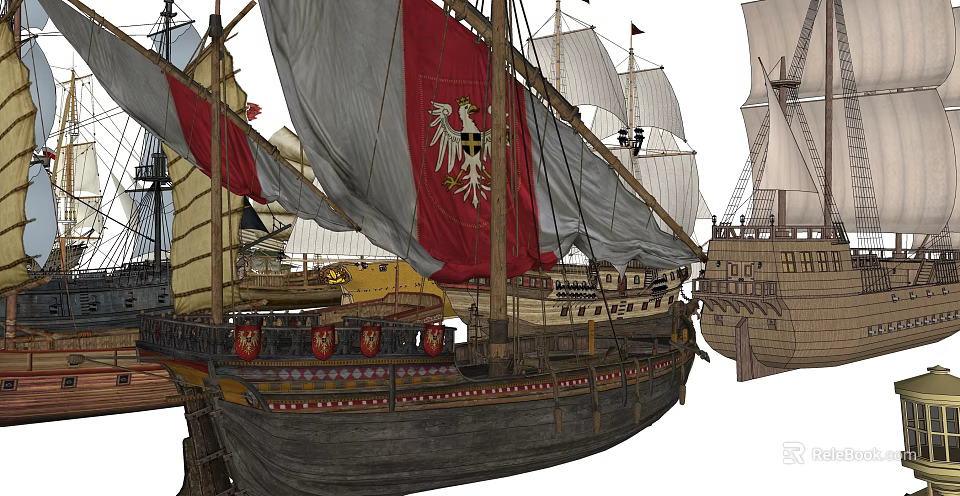 Vintage Sailing Ships With Red And White Sails Wooden Hull And Emblem Decorations 3d model 