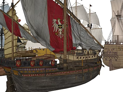 Vintage Sailing Ships With Red And White Sails Wooden Hull And Emblem Decorations 3d model