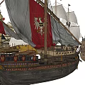 Vintage Sailing Ships With Red And White Sails Wooden Hull And Emblem Decorations