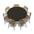 Modern Dining Table Set with Round Black Tabletop and Six Wooden Chairs with Black Legs