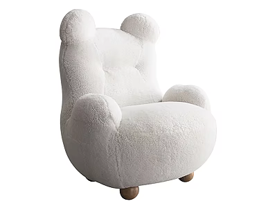 White Plush Single Sofa with Cute Ear Shaped Backrest Rounded Armrests and Wooden Legs 3d model