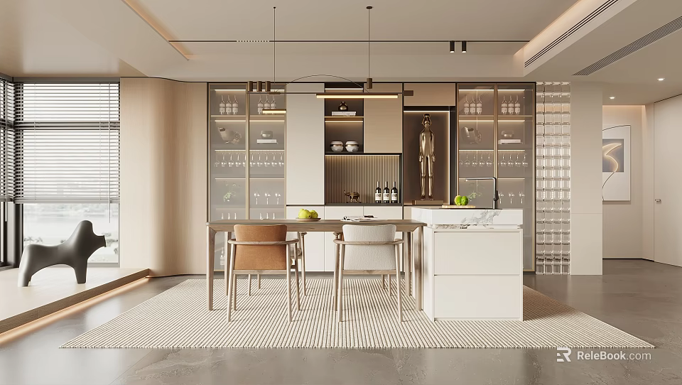 Modern Restaurant Interior With Open Design Glass Display Cabinets Marble Countertop Dining Table And Chairs 3d model 