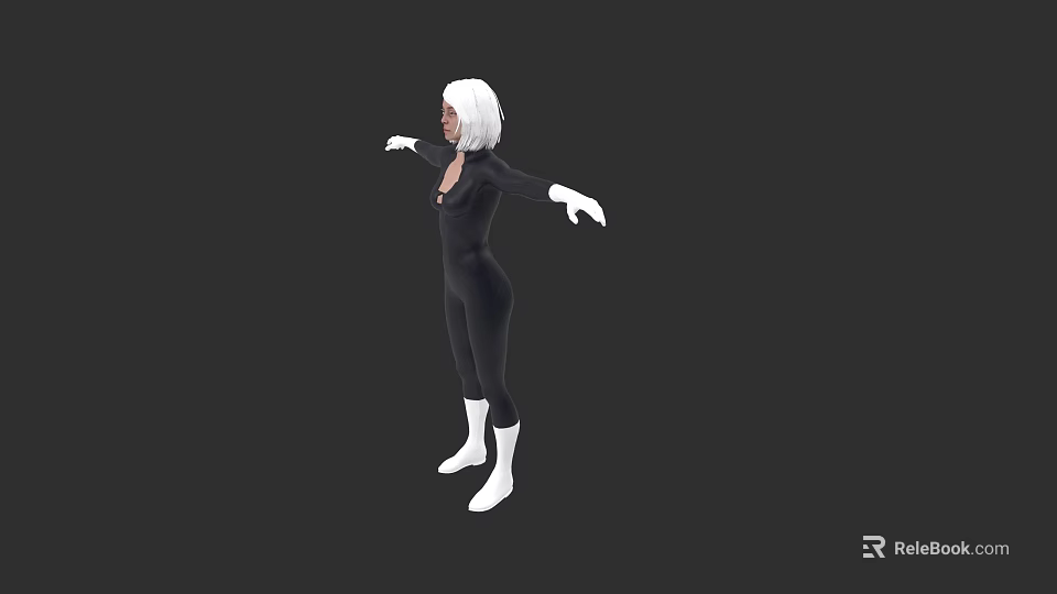 Woman With White Long Hair Standing In Black Bodysuit White Gloves And Boots 3d model 