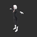 Woman With White Long Hair Standing In Black Bodysuit White Gloves And Boots