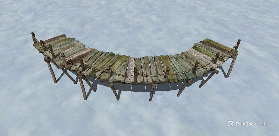 Wooden Bridge Structure With Weathered Planks Arched Design And Wooden Supports 3d model 