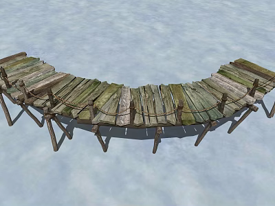 Wooden Bridge Structure With Weathered Planks Arched Design And Wooden Supports 3d model
