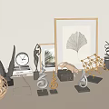 Modern Decorative Ornament Set with Metal Geometric Sculptures Framed Ginkgo Leaf Art and Clock