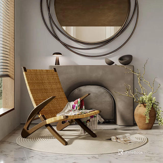 Modern Rattan Accent Chair In Living Room With Fireplace Circular Ring Mirror And Potted Plant 3d model 
