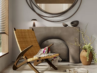Modern Rattan Accent Chair In Living Room With Fireplace Circular Ring Mirror And Potted Plant 3d model