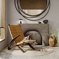 Modern Rattan Accent Chair In Living Room With Fireplace Circular Ring Mirror And Potted Plant