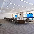 Modern Conference Room Featuring Large Table Multiple Screens White Chairs And Floor To Ceiling Windows
